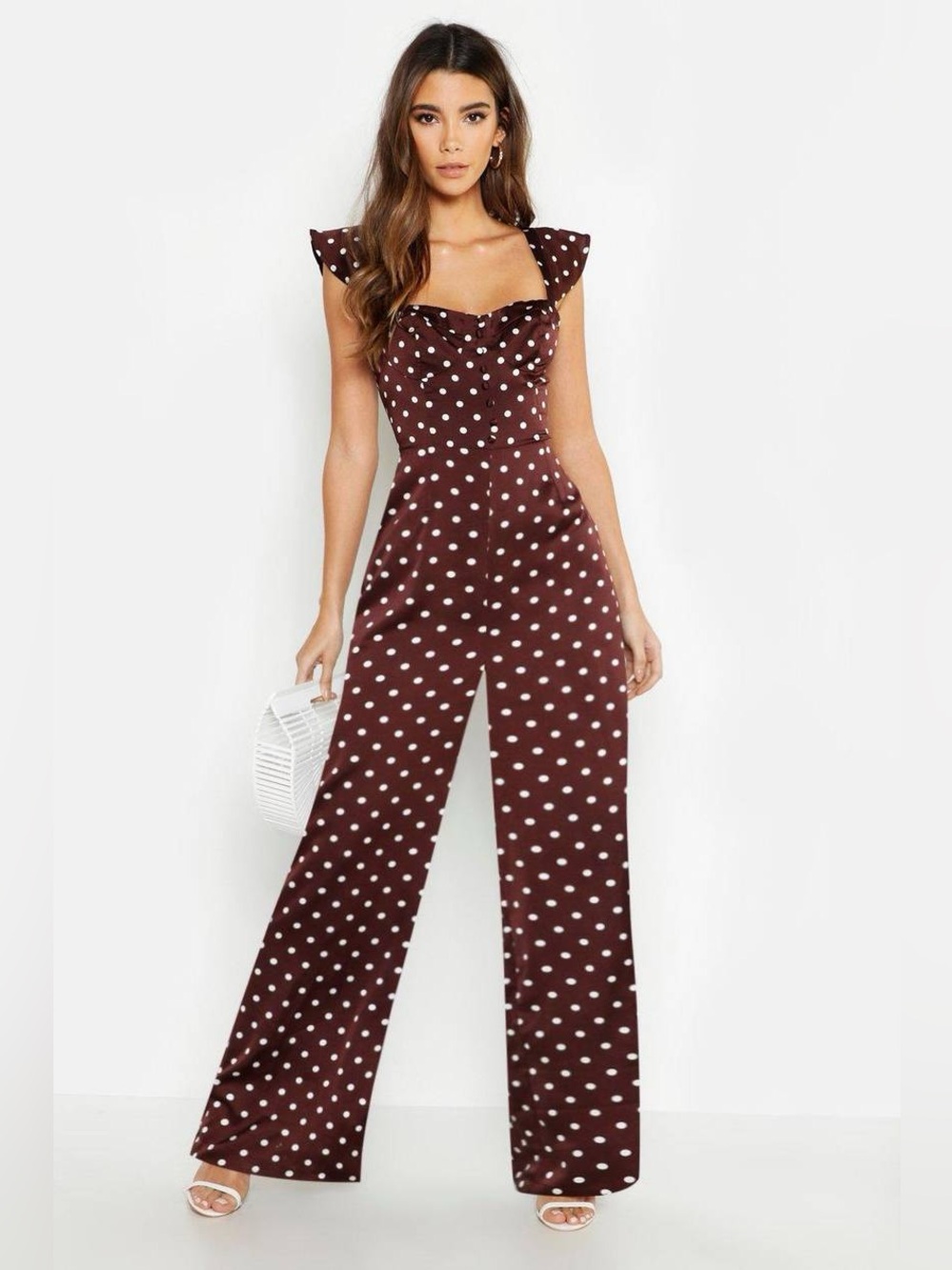 Boohoo Polka Dot Wide-Leg Jumpsuit in Dark Brown